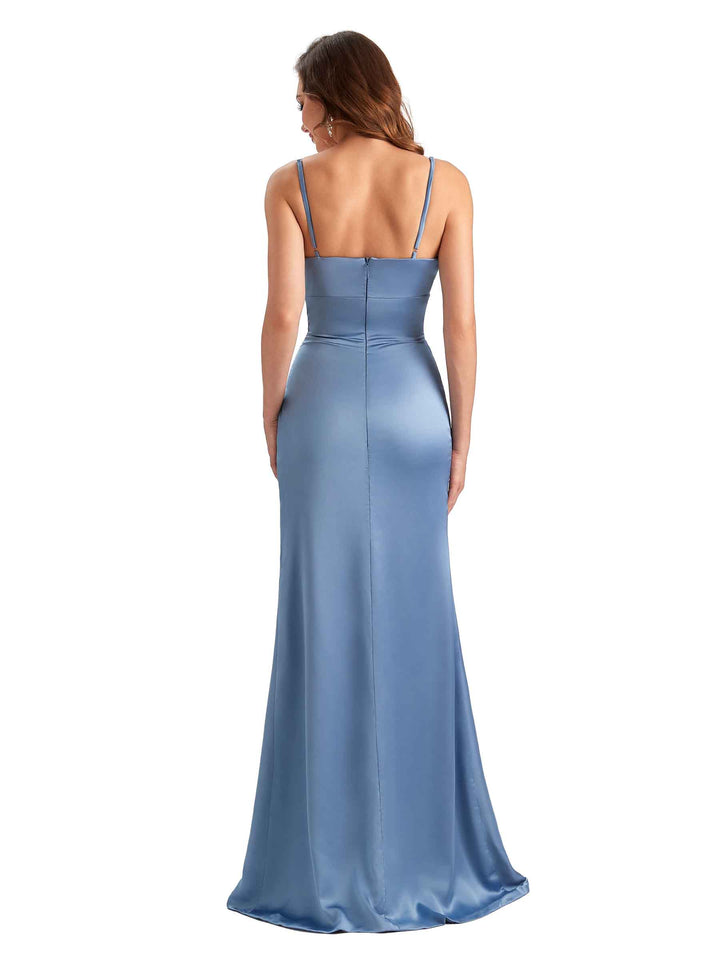 Soft Satin Cowl Neck Side Slit Spaghetti Straps Sexy Wedding Guest Dresses