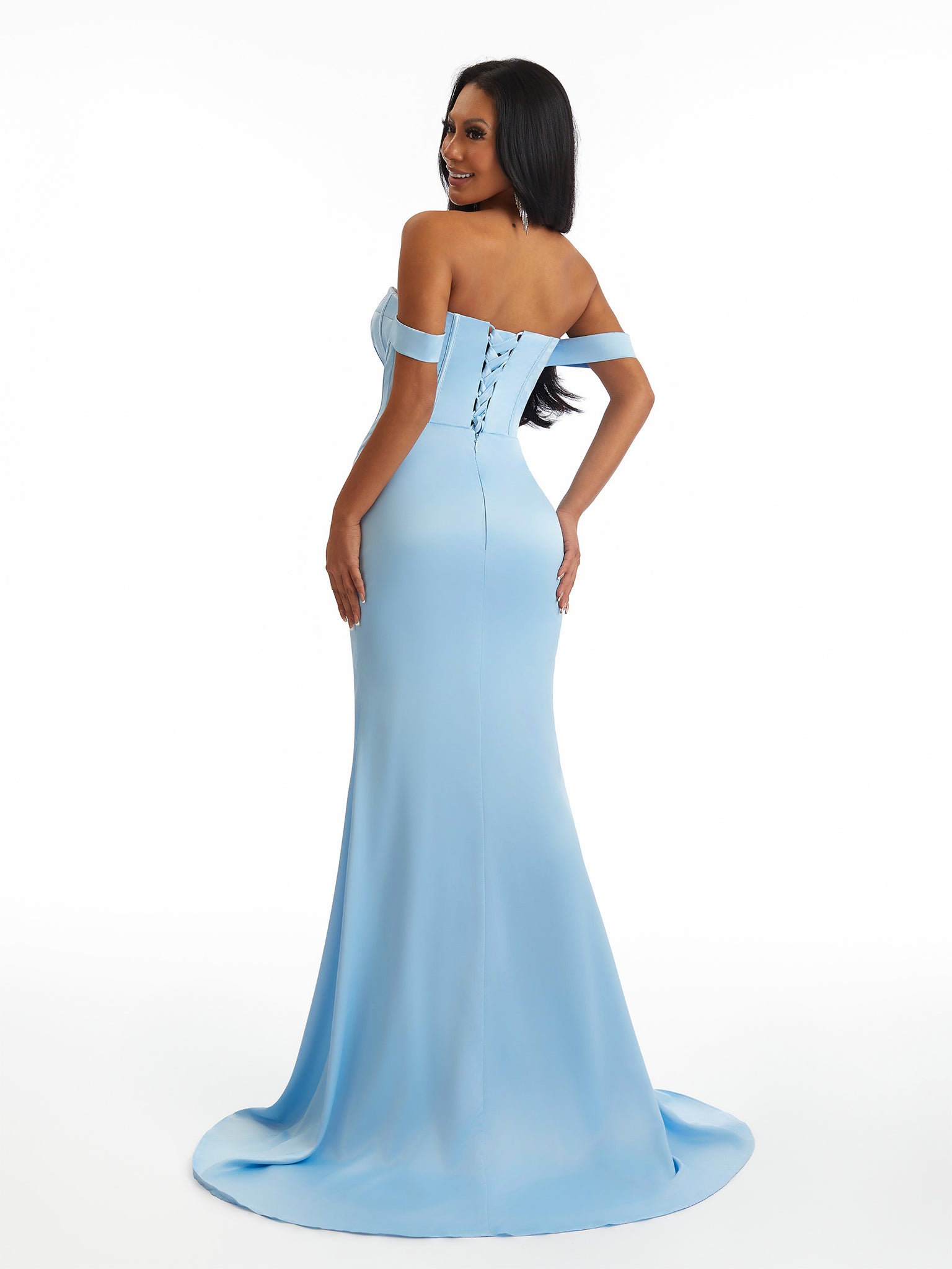 Sexy Lace Up Back Off The Shoulder Side Split Mermaid Soft Satin Long Bridesmaid Dresses