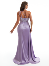 Sexy One Shoulder Sequined Lace Satin Mermaid Side Slit Long Bridesmaid Dresses Online