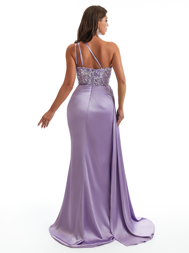 Sexy One Shoulder Beaded Lace Satin Mermaid Side Slit Long Bridesmaid Dresses Online
