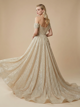 A-Line Off Shoulder Ruched Maxi Long Sequin Tulle Wedding Dresses Online