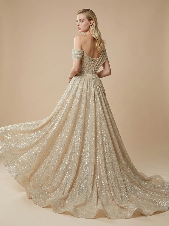 A-Line Off Shoulder Ruched Maxi Long Sequin Tulle Wedding Dresses Online