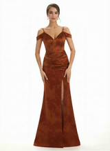 Trendy Cold Shoulder Side Slit Mermaid Floral Satin Maxi Floral Formal Dresses For Ladies