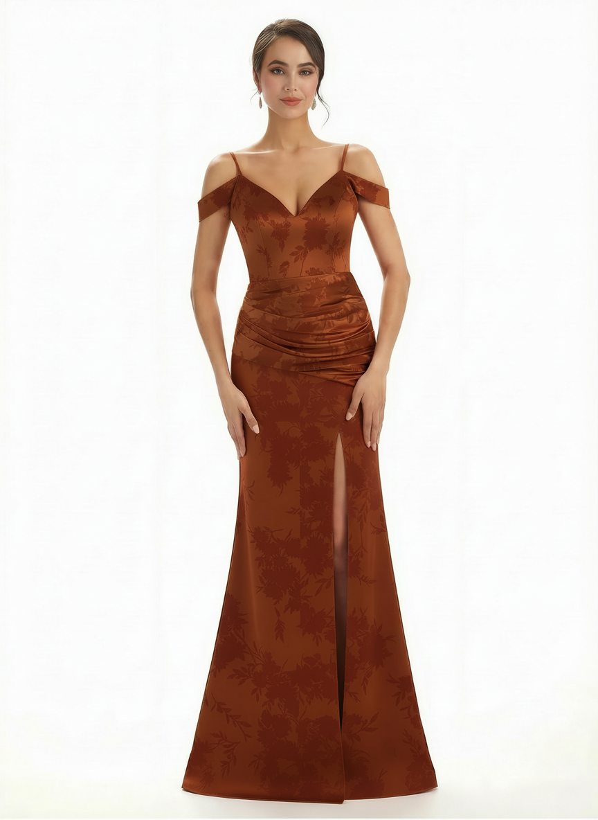 Trendy Cold Shoulder Side Slit Mermaid Floral Satin Maxi Floral Formal Dresses For Ladies