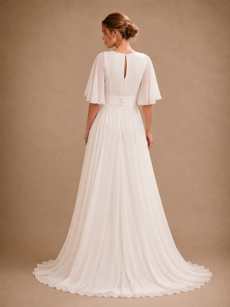 ChicSew Unique V-Neck Flutter Sleeves Chiffon Floor-Length Wedding Jumpsuit With Overskirt