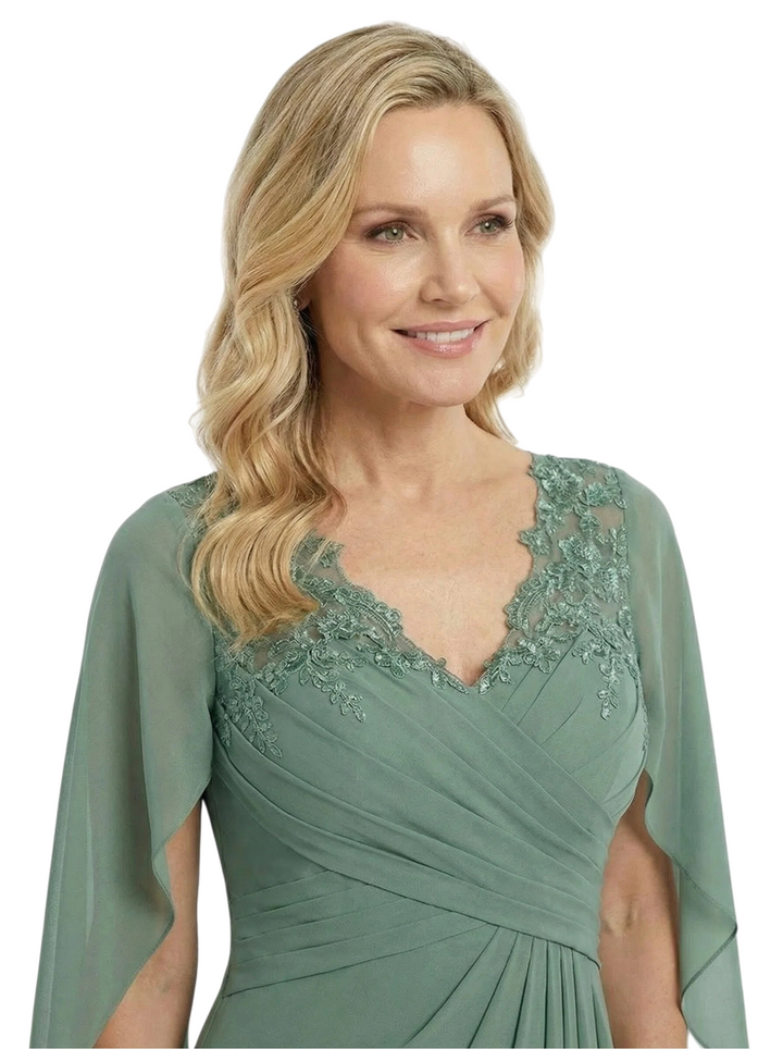 ChicSew Beautiful Cape Sleeve V-Neck Chiffon Ruffle Mother Of The Groom Dress With Lace Applique
