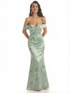 Elegant Off Shoulder Mermaid Floral Satin Maxi Floral Formal Evening Dresses