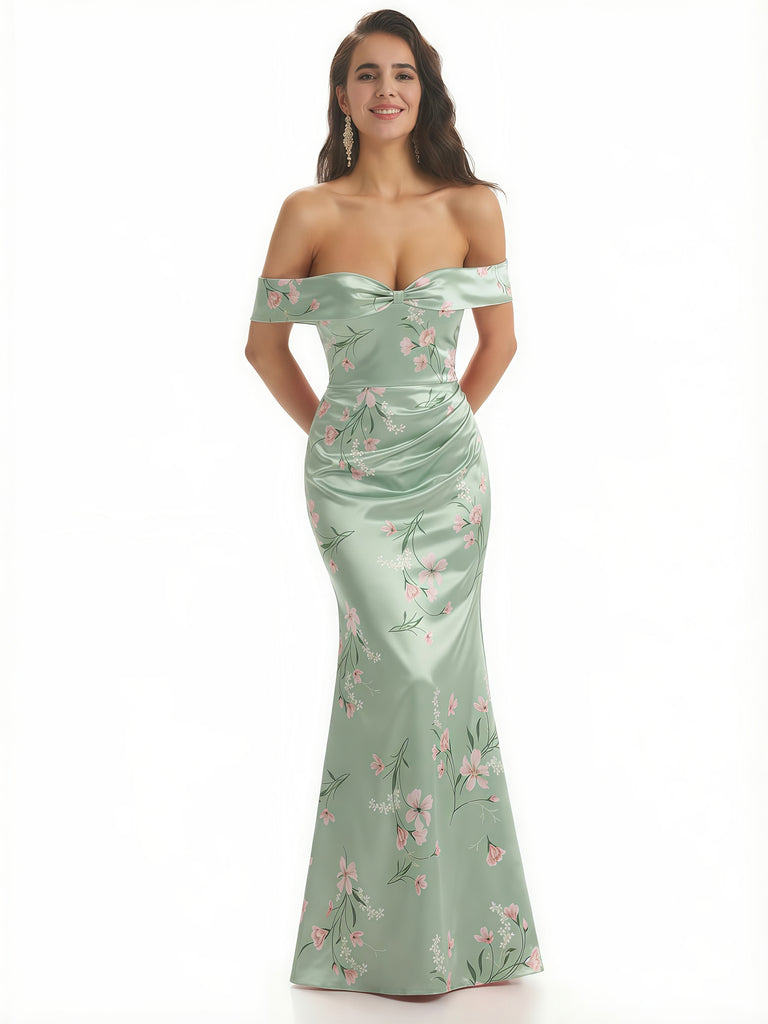 Elegant Off Shoulder Mermaid Floral Satin Maxi Floral Formal Evening Dresses