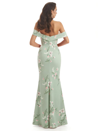 Elegant Off Shoulder Mermaid Floral Satin Maxi Floral Formal Evening Dresses