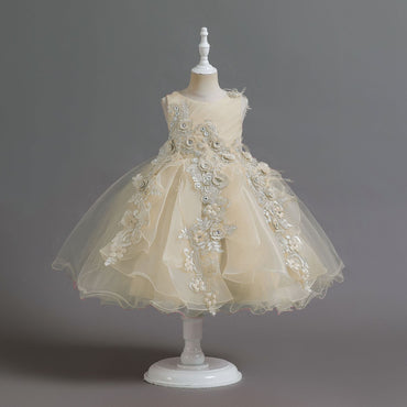 new Ball Gown Pearls Flower Girl Dresses For Wedding Appliqued Pageant Gowns Floor Length Tulle