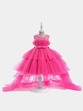 Flower Girls Dress Cute with Train A-line Tulle Princess Gown for Wedding Kids Guest Dress