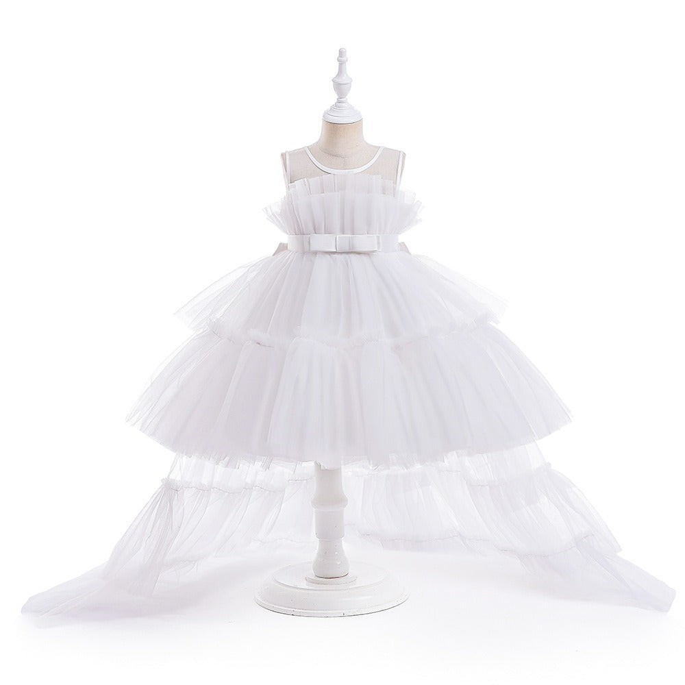 Flower Girls Dress Cute with Train A-line Tulle Princess Gown for Wedding Kids Guest Dress