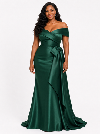 ChicSew Elegant Off Shoulder Soft Satin Mermaid Ruched Floor-Length Bridesmaid Dresses With Bow