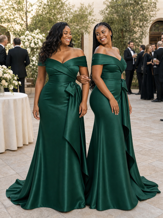 ChicSew Elegant Off Shoulder Soft Satin Mermaid Ruched Floor-Length Bridesmaid Dresses With Bow