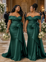 ChicSew Elegant Off Shoulder Soft Satin Mermaid Ruched Floor-Length Bridesmaid Dresses With Bow