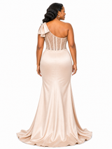 ChicSew Unique One Shoulder Beaded Mermaid Soft Satin Floor-Length Bridesmaid Dresses