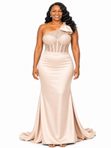 ChicSew Unique One Shoulder Beaded Mermaid Soft Satin Floor-Length Bridesmaid Dresses