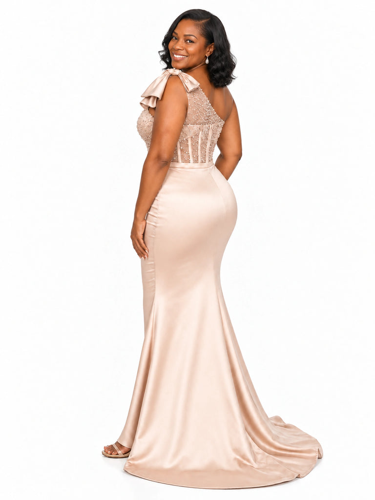 ChicSew Unique One Shoulder Beaded Mermaid Soft Satin Floor-Length Bridesmaid Dresses