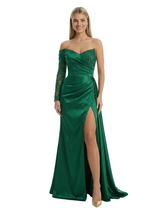 Sexy Asymmetrical Neckline Side Slit Mermaid Satin Prom Gown With One Lace Long Sleeve