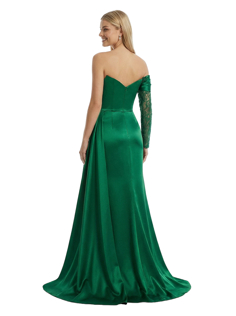 Sexy Asymmetrical Neckline Side Slit Mermaid Satin Prom Gown With One Lace Long Sleeve