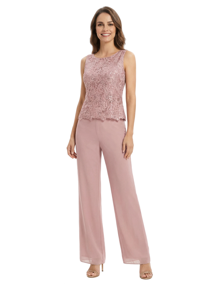 Mother Of The Groom PantSuit With Embroidered Lace Topper And Long Jacket