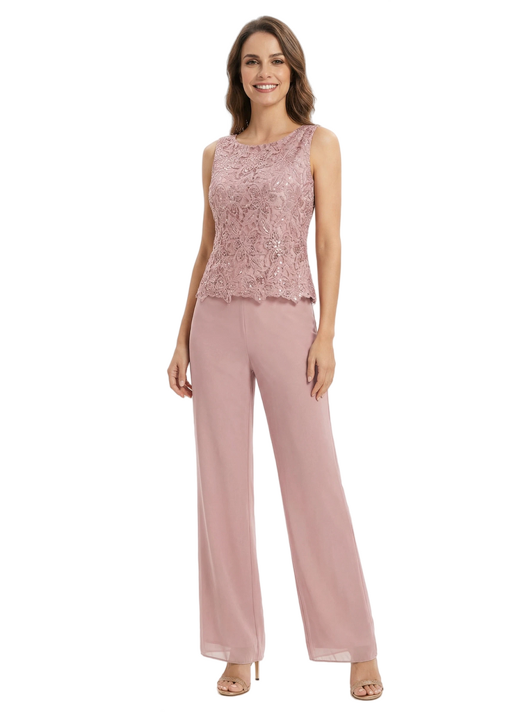 Mother Of The Groom PantSuit With Embroidered Lace Topper And Long Jacket