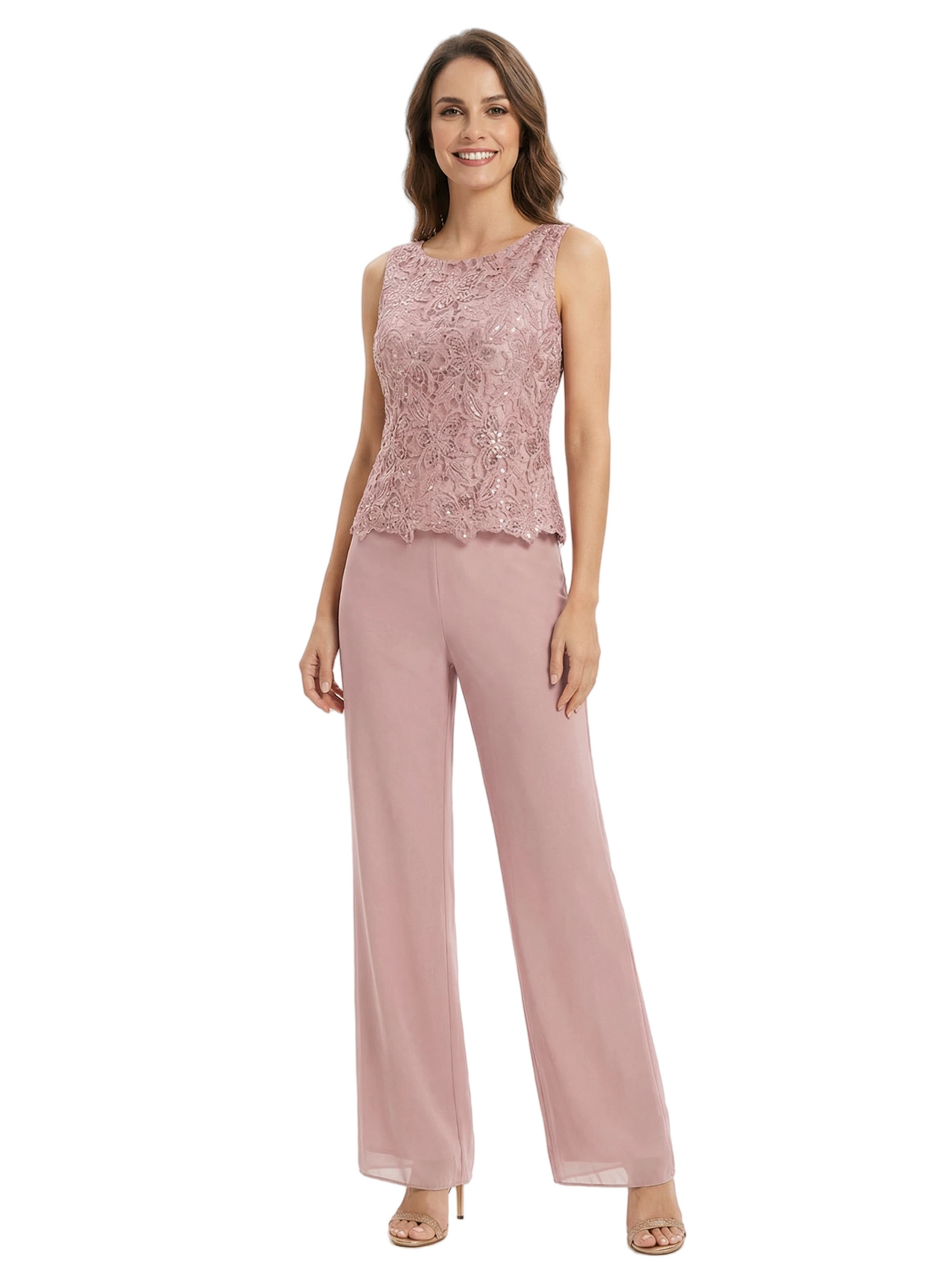 Mother Of The Groom PantSuit With Embroidered Lace Topper And Long Jacket