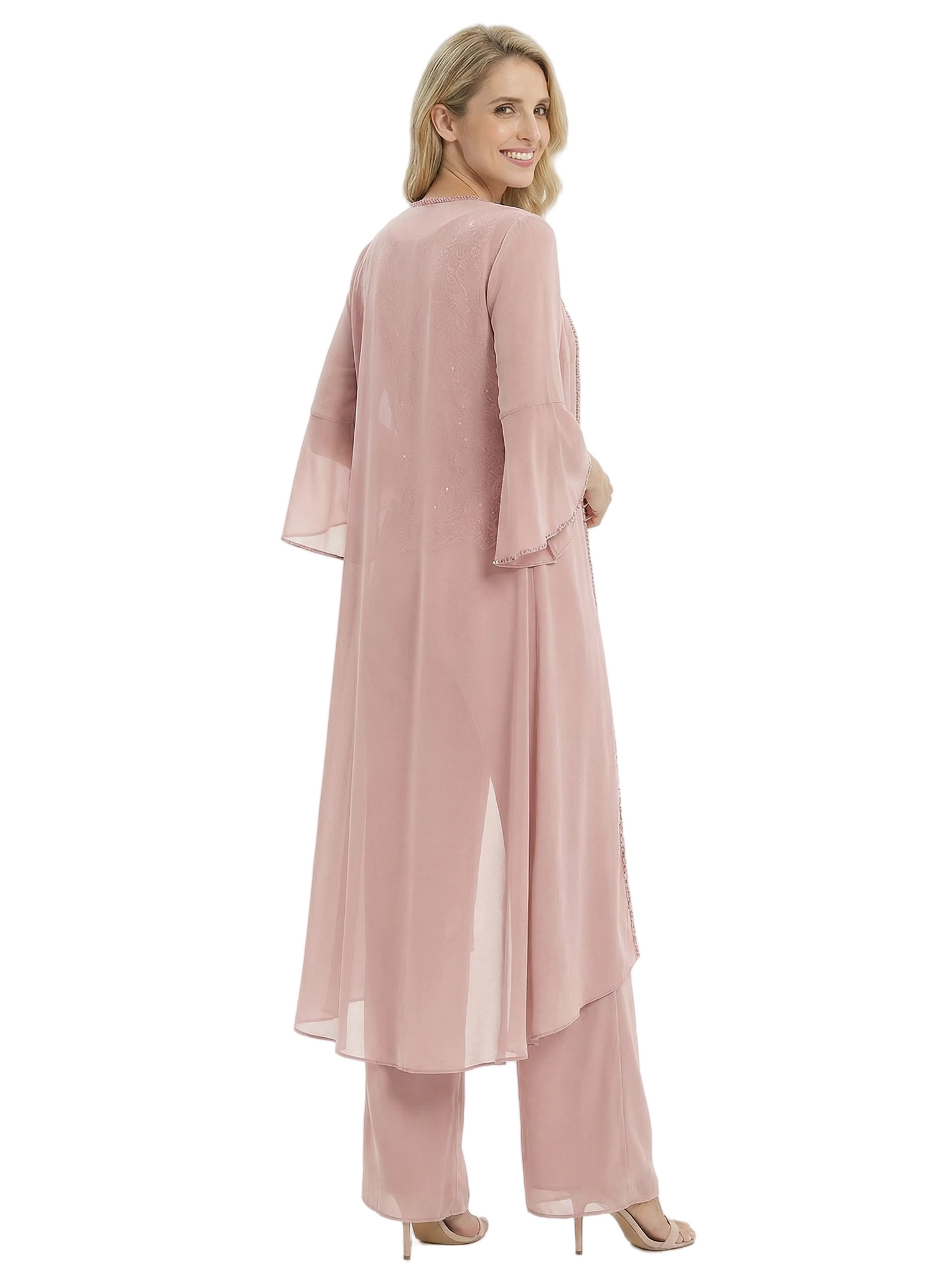 Mother Of The Groom PantSuit With Embroidered Lace Topper And Long Jacket