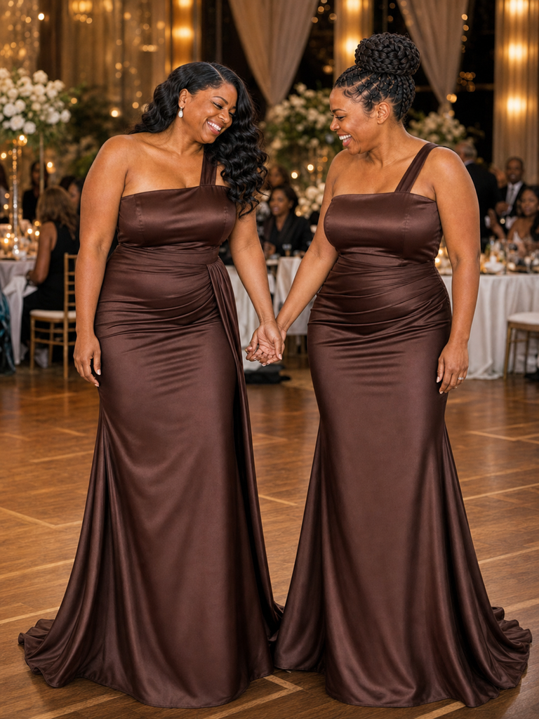 ChicSew Fancy One Shoulder Mermaid Soft Satin Maxi Long Bridesmaid Dresses