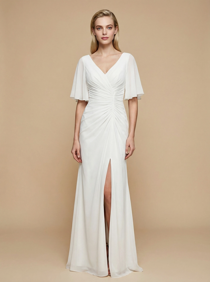 Mermaid V-Neck Half Sleeves Side Slit Chiffon Maxi Long Wedding Dresses Online