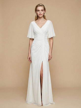Mermaid V-Neck Half Sleeves Side Slit Chiffon Maxi Long Wedding Dresses Online