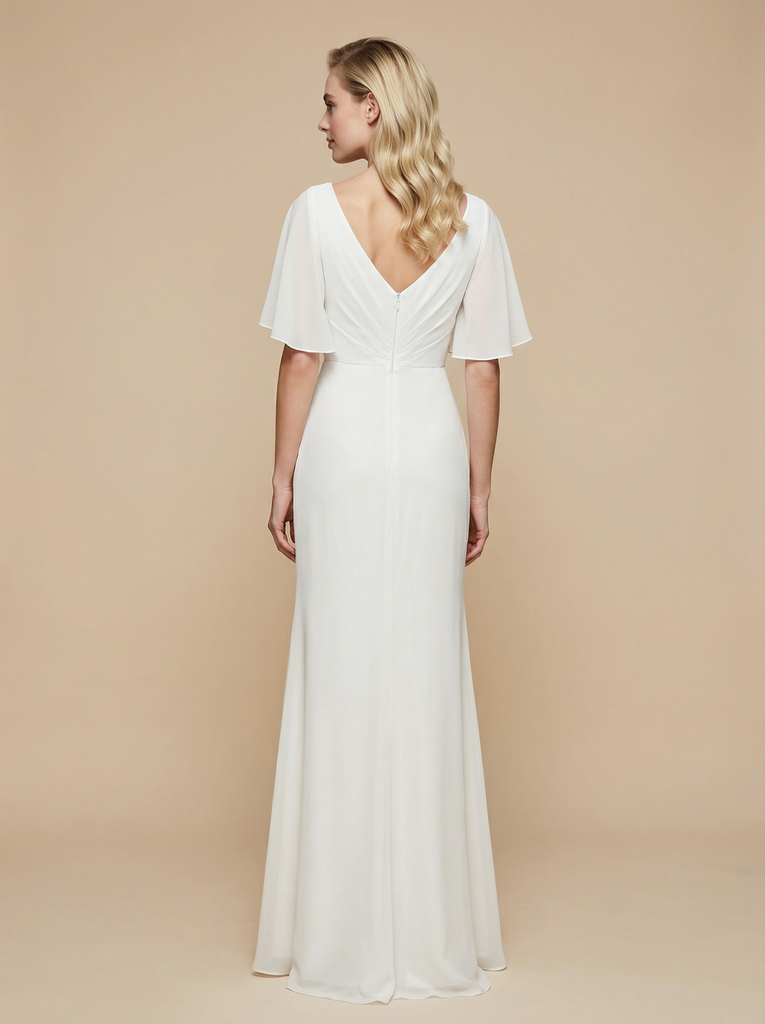 Mermaid V-Neck Half Sleeves Side Slit Chiffon Maxi Long Wedding Dresses Online