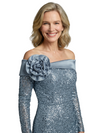Glamorous Sequin Long Sleeves Mother of the Groom Dress with Floral Shoulder Accent