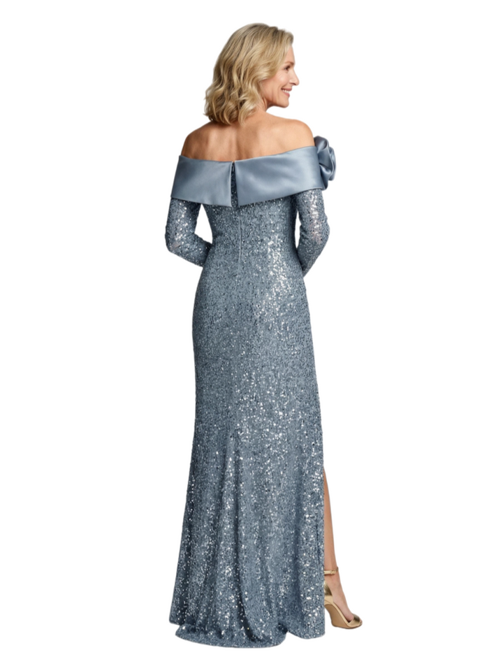 Glamorous Sequin Long Sleeves Mother of the Groom Dress with Floral Shoulder Accent