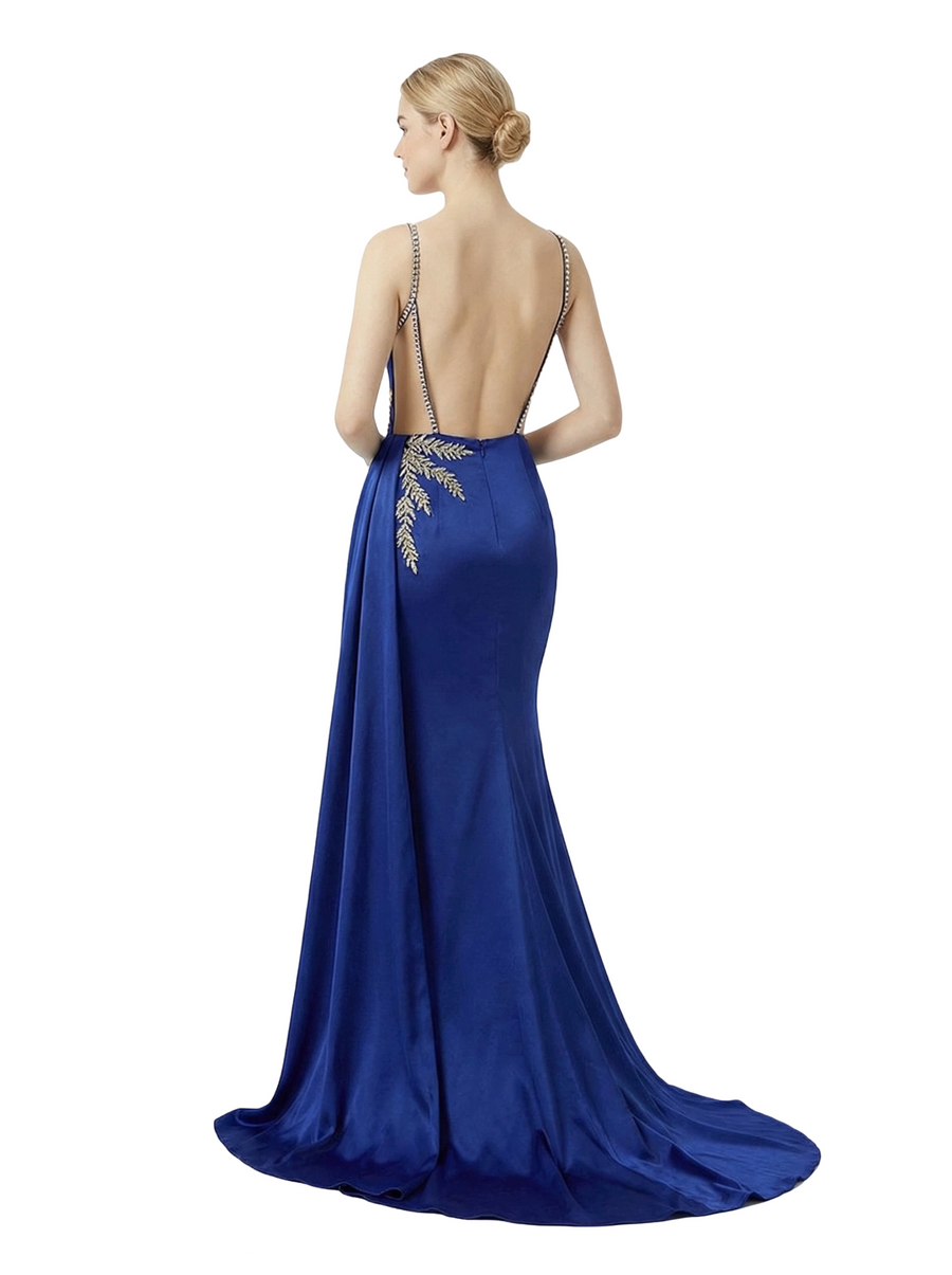 Sexy Square Neck Satin Mermaid Formal Gown With Rhinestone Straps Draped Backless Prom Dress