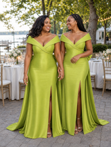 ChicSew Fancy Off Shoulder Soft Satin Long Side Slit Mermaid Bridesmaid Dresses With Bow Knot