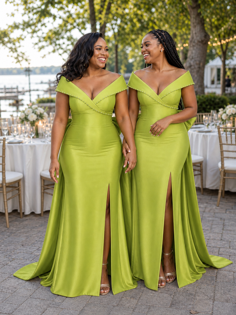ChicSew Fancy Off Shoulder Soft Satin Long Side Slit Mermaid Bridesmaid Dresses With Bow Knot