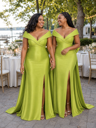 ChicSew Fancy Off Shoulder Soft Satin Long Side Slit Mermaid Bridesmaid Dresses With Bow Knot