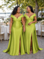 ChicSew Fancy Off Shoulder Soft Satin Long Side Slit Mermaid Bridesmaid Dresses With Bow Knot