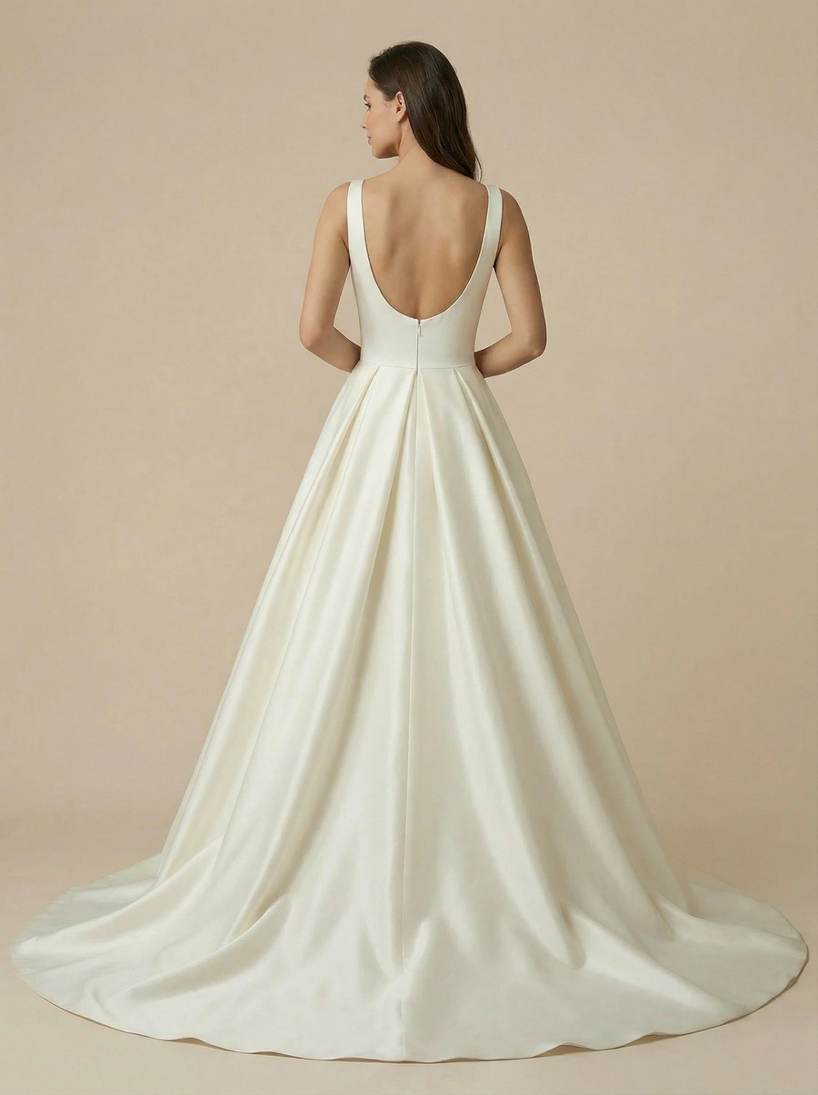 A-Line Spaghetti Straps V-Neck Maxi Long Satin Wedding Dresses With Detachable Skirt