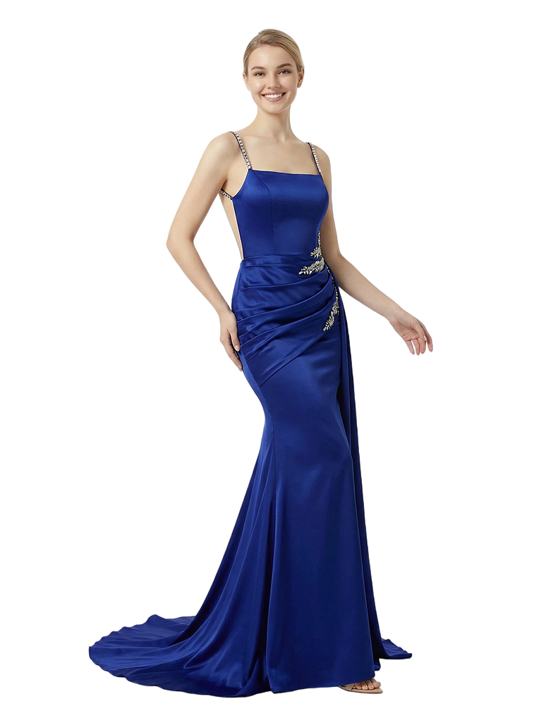 Sexy Square Neck Satin Mermaid Formal Gown With Rhinestone Straps Draped Backless Prom Dress