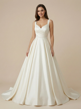 A-Line Spaghetti Straps V-Neck Maxi Long Satin Wedding Dresses With Detachable Skirt