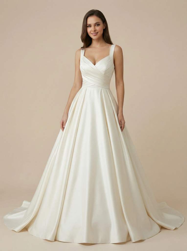 A-Line Spaghetti Straps V-Neck Maxi Long Satin Wedding Dresses Online With Train