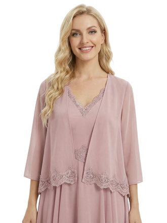 Modest V-Neck Chiffon Mother of the Bride Dress with Lace Trimmed Jacket