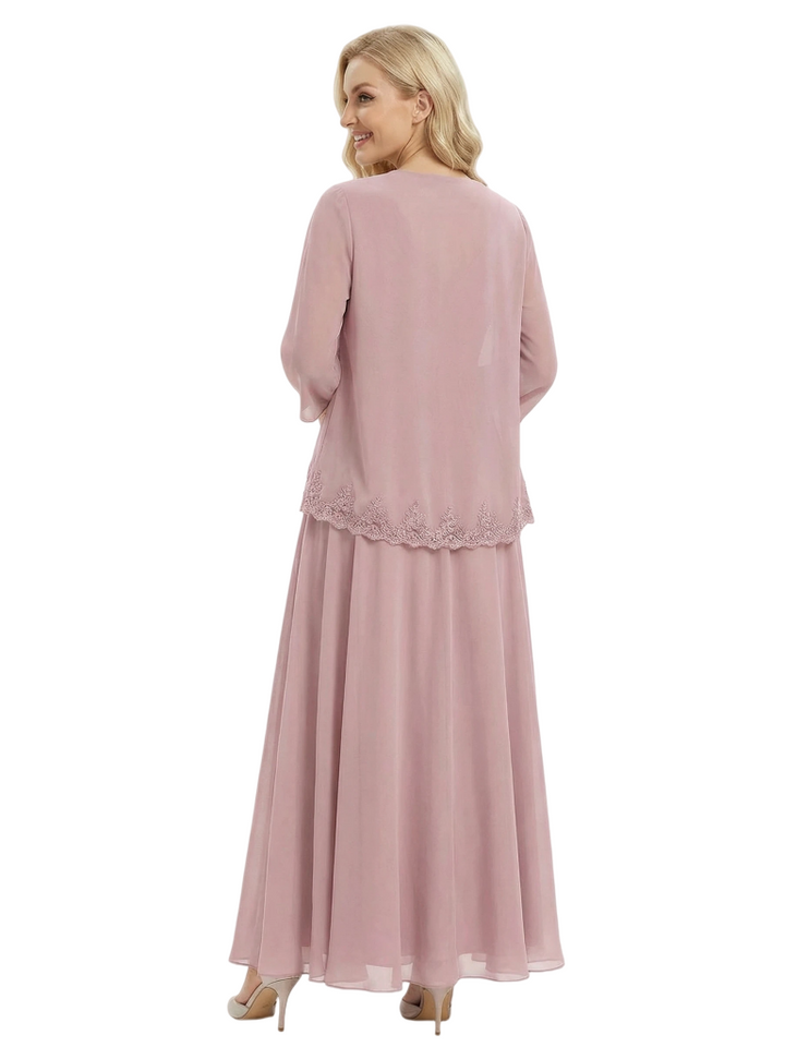 Modest V-Neck Chiffon Mother of the Bride Dress with Lace Trimmed Jacket