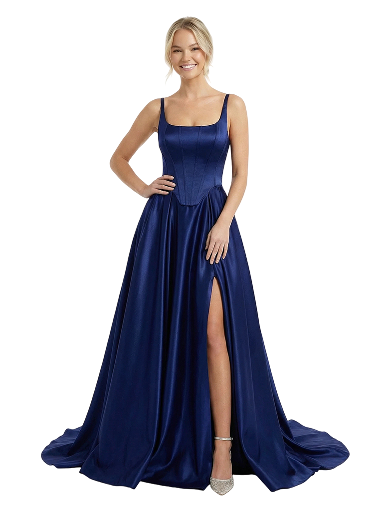 Chic Square Neckline Sleeveless Side Slit Satin A-Line Formal Prom Dress