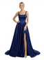 Chic Square Neckline Sleeveless Side Slit Satin A-Line Formal Prom Dress