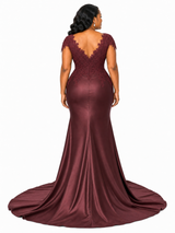 ChicSew Fancy Cap Sleeves Soft Satin Lace Applique Mermaid Side Slit Maxi Long Bridesmaid Dresses