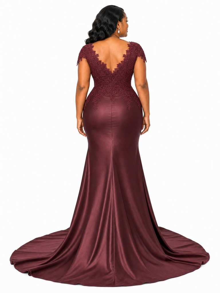 ChicSew Fancy Cap Sleeves Soft Satin Lace Applique Mermaid Side Slit Maxi Long Bridesmaid Dresses