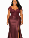 ChicSew Fancy Cap Sleeves Soft Satin Lace Applique Mermaid Side Slit Maxi Long Bridesmaid Dresses